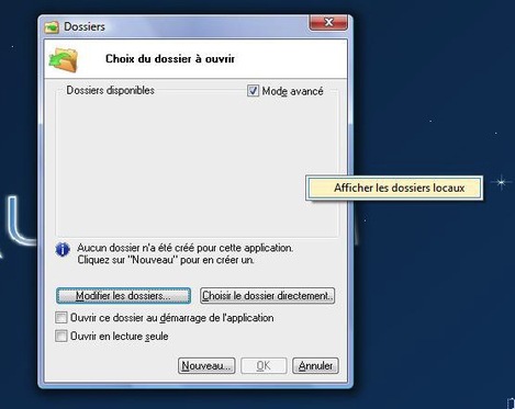 Fentre d'ouverture de dossiers de Ciel Quantum